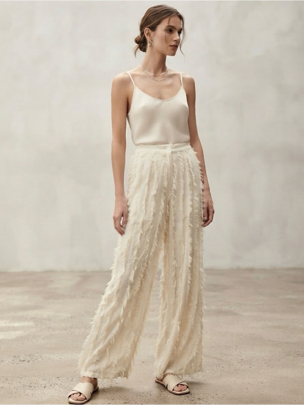 RADIATE Japanese Designer Cream Fringe Wide Leg Pants Sz 9  (US S/M)⁠